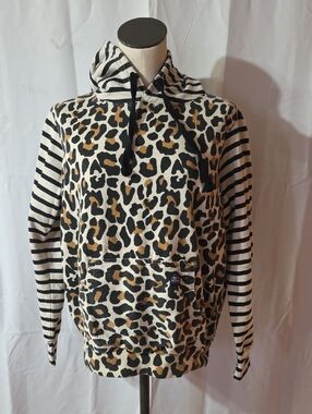 Leopard & Stripe Pullover Hoodie - Cream/Black/Tan